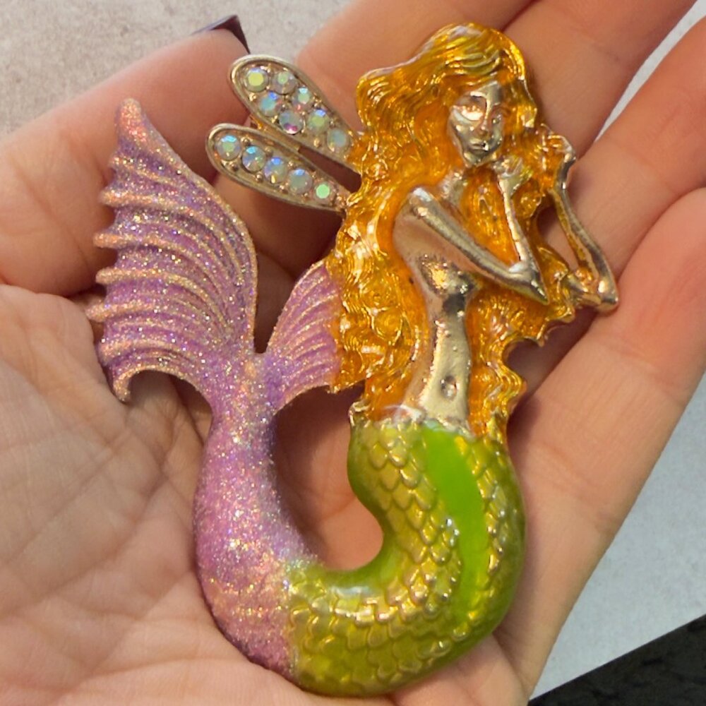 Mermaid Brooch Multicolor Enamel Fantasy Rhinestone Statement Pin – 3.25”